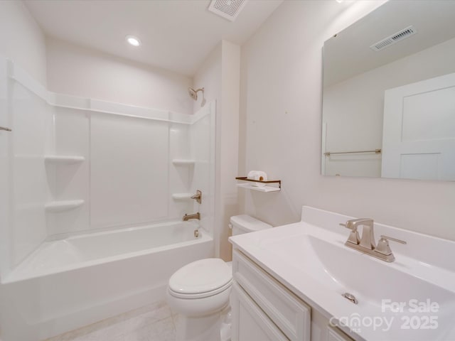 bathroom featuring visible vents, vanity, toilet, and shower / bathtub combination