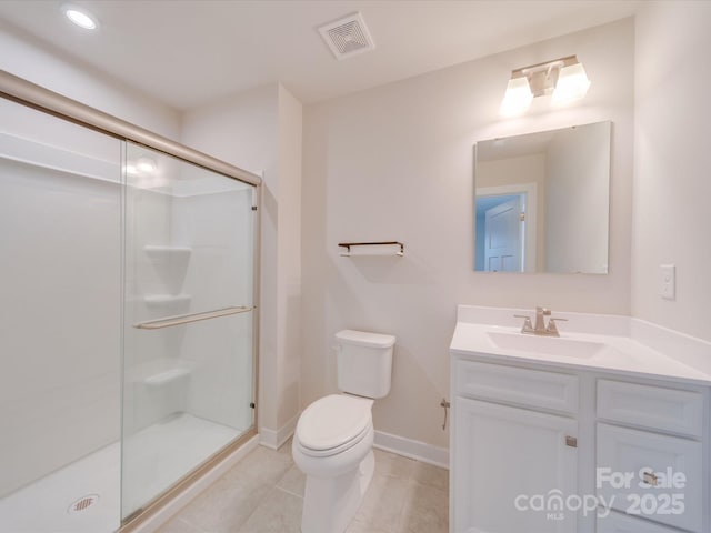 bathroom with toilet, a stall shower, visible vents, and vanity