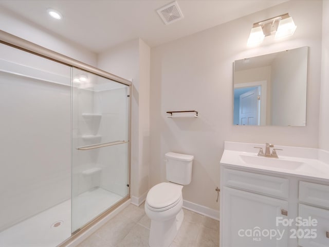 full bathroom featuring tile patterned flooring, toilet, vanity, visible vents, and a stall shower