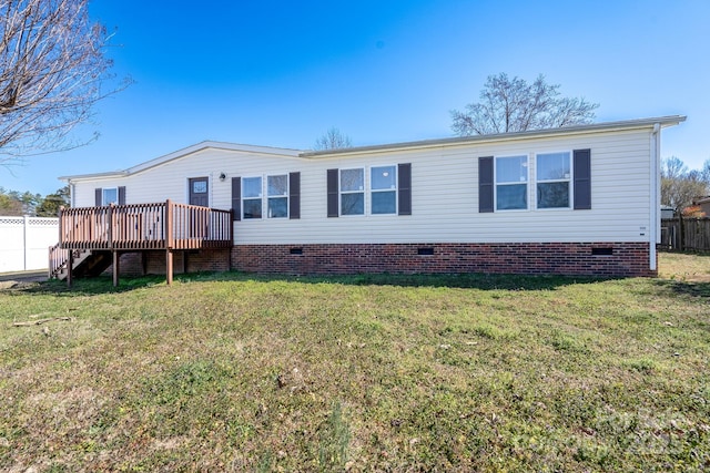 exterior space with crawl space, a wooden deck, fence, and a yard