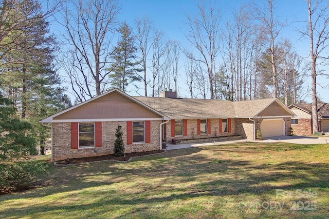 single story home with a garage, brick siding, a chimney, and a front yard