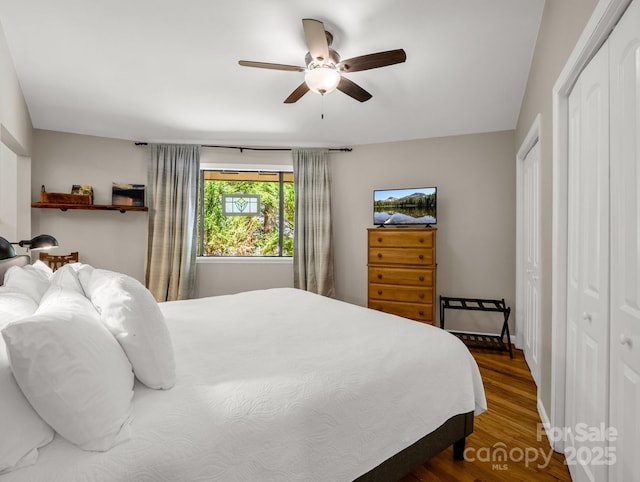 1973 Buffalo Creek Rd, Lake Lure, NC 28746 - bedroom featuring wood finished floors, a closet, and ceiling fan