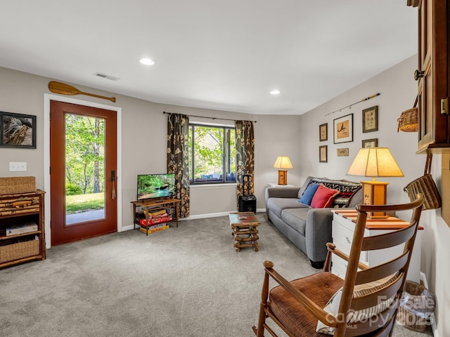 1973 Buffalo Creek Rd, Lake Lure, NC 28746 - carpeted living room with baseboards, visible vents, and recessed lighting