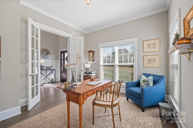 home office with crown molding, baseboards, wood finished floors, and french doors