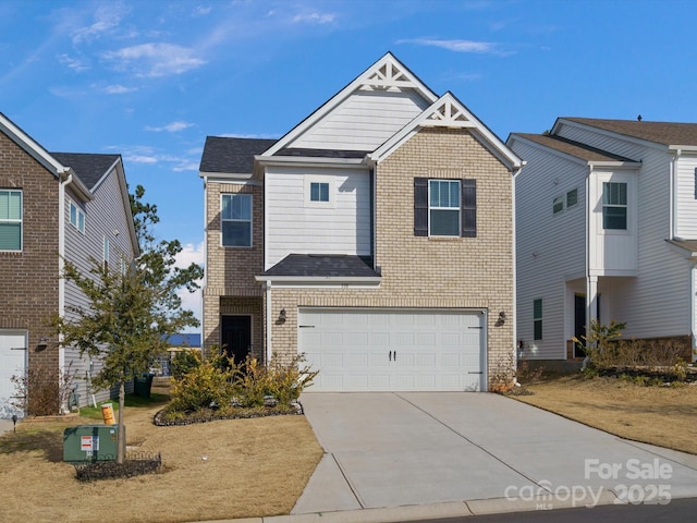 view of front of home featuring a garage, driveway, brick siding, and a shingled roof