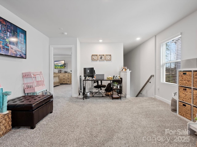 carpeted home office featuring recessed lighting and baseboards