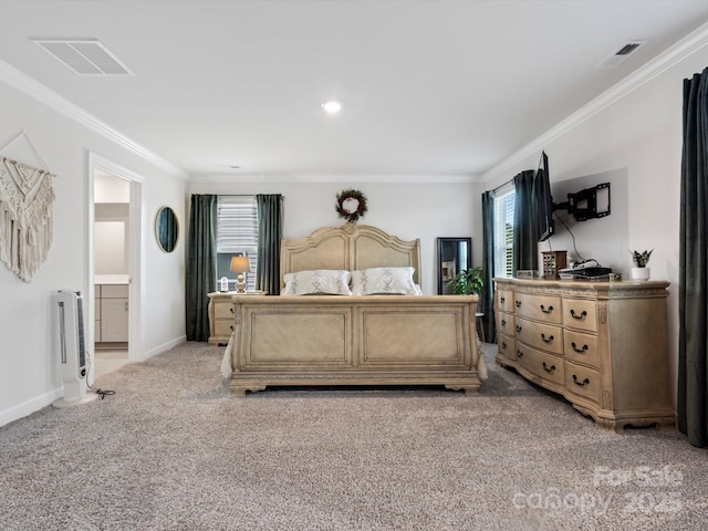 bedroom with light carpet, ornamental molding, visible vents, and baseboards