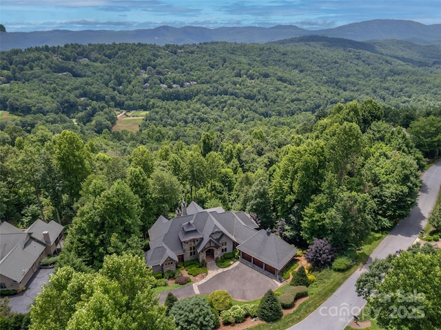 bird's eye view featuring a mountain view and a view of trees