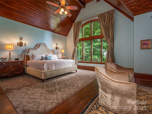 bedroom with vaulted ceiling, wooden ceiling, and wood finished floors