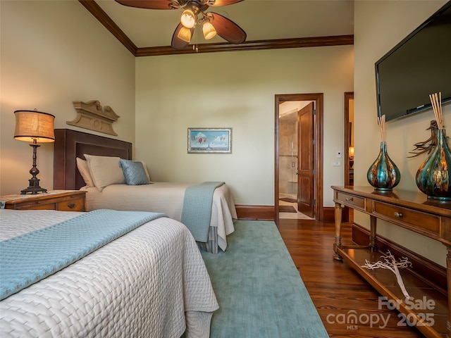 bedroom with ornamental molding, a ceiling fan, baseboards, and wood finished floors