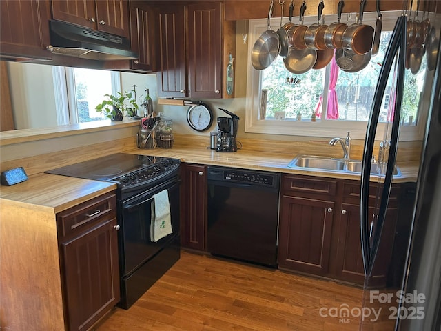 kitchen featuring light wood-style flooring, plenty of natural light, a sink, black appliances, and under cabinet range hood