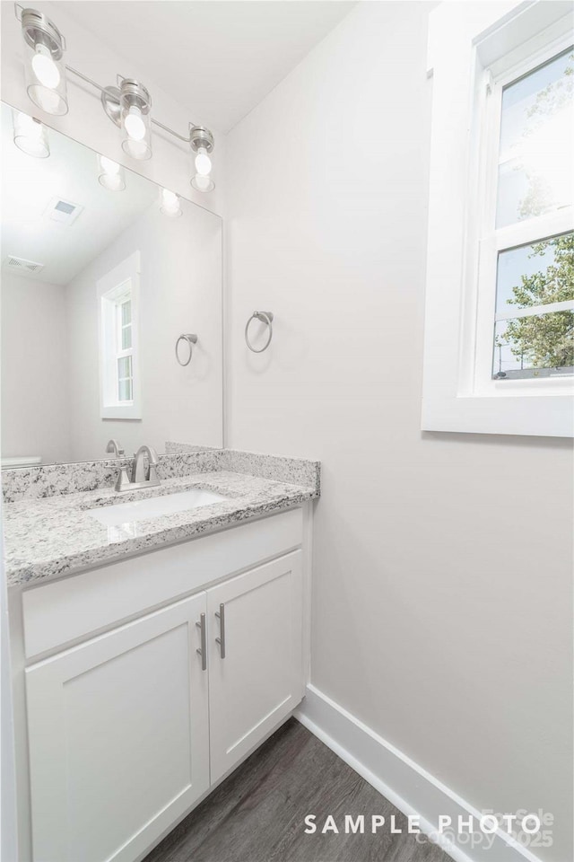bathroom with wood finished floors, vanity, baseboards, and a wealth of natural light