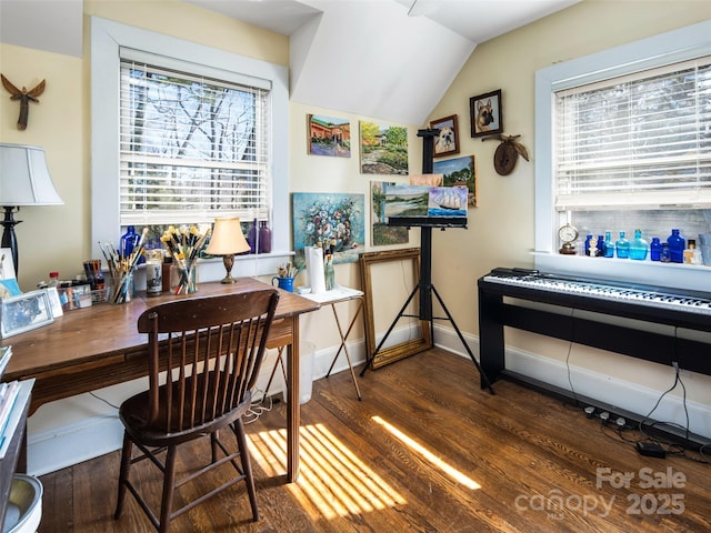 office featuring a healthy amount of sunlight, baseboards, and wood finished floors