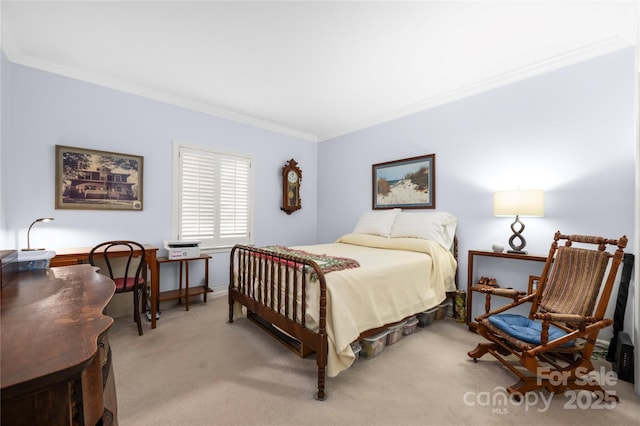 carpeted bedroom with crown molding