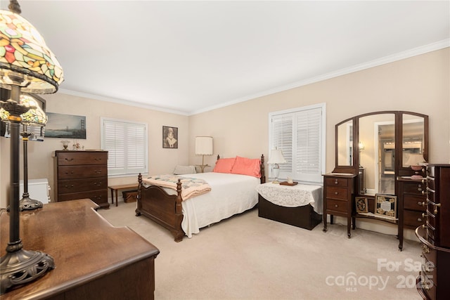 bedroom featuring crown molding, arched walkways, and carpet flooring