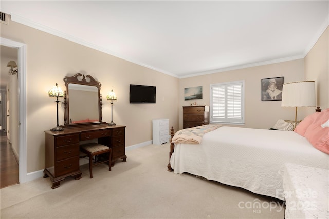 bedroom featuring light carpet, baseboards, visible vents, and crown molding