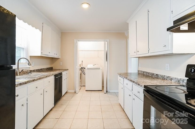 kitchen featuring washer / clothes dryer, white cabinetry, a sink, under cabinet range hood, and black appliances