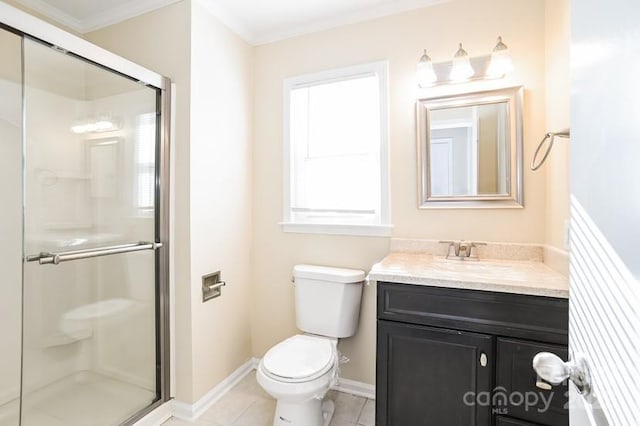 bathroom with toilet, ornamental molding, tile patterned flooring, vanity, and a shower stall