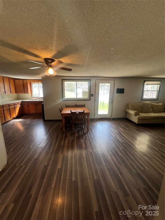 unfurnished dining area with dark wood finished floors, a ceiling fan, a sink, and a healthy amount of sunlight