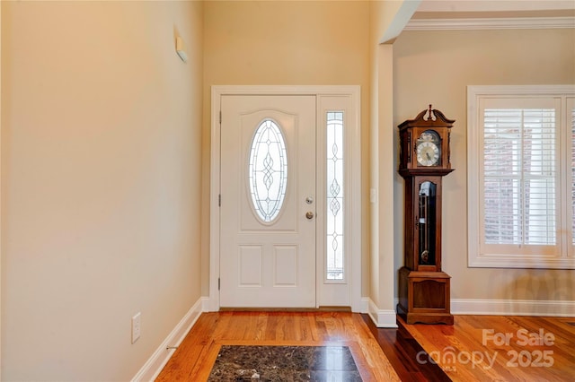 foyer entrance featuring baseboards and wood finished floors