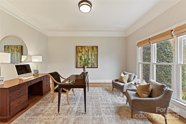 office space with light wood-style flooring and ornamental molding