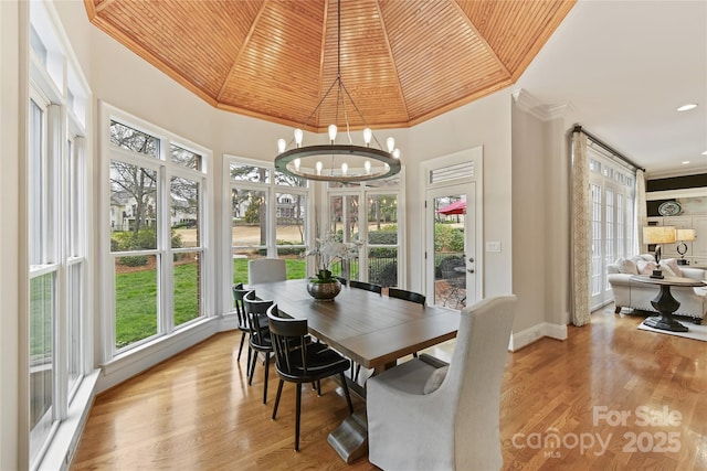 dining space featuring a notable chandelier, wood finished floors, wood ceiling, and ornamental molding