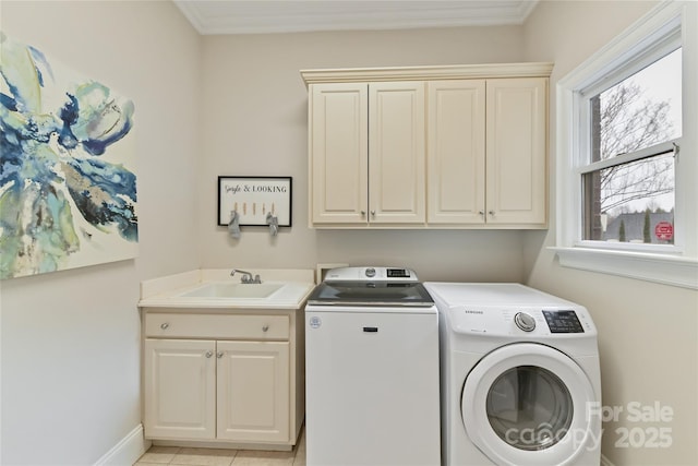 clothes washing area featuring washer and clothes dryer, ornamental molding, light tile patterned flooring, cabinet space, and a sink