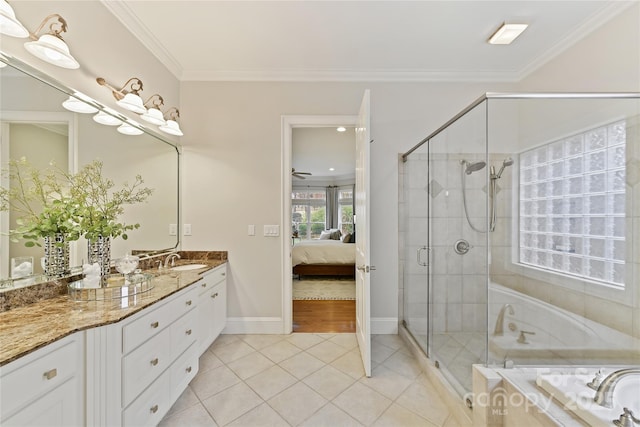 ensuite bathroom featuring crown molding, a garden tub, a stall shower, and tile patterned floors