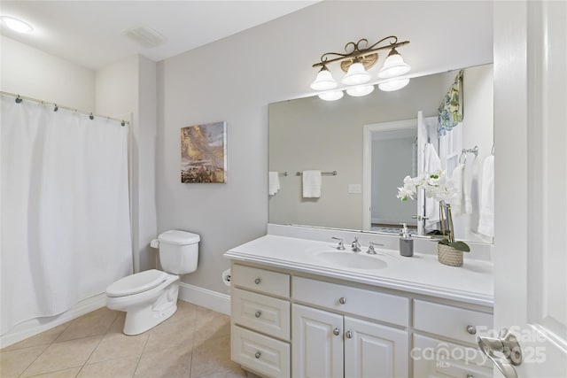 full bath with visible vents, toilet, tile patterned flooring, baseboards, and vanity