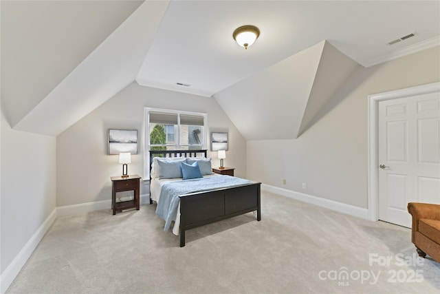 bedroom with light colored carpet, visible vents, and baseboards