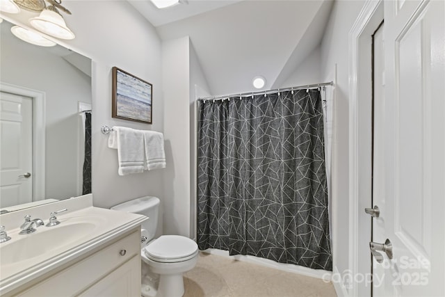 bathroom with vanity, a shower with shower curtain, toilet, and tile patterned flooring