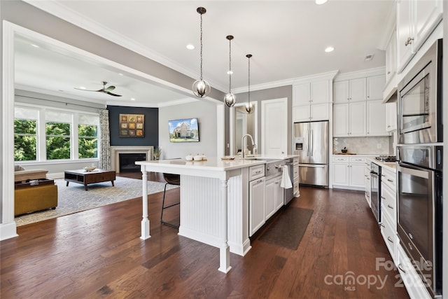 kitchen with dark wood finished floors, appliances with stainless steel finishes, open floor plan, light countertops, and a fireplace