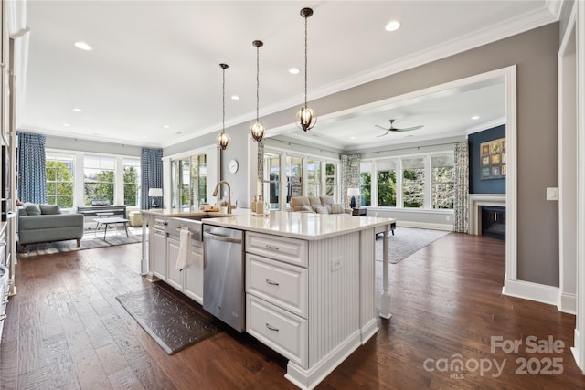 kitchen featuring dark wood finished floors, stainless steel dishwasher, ornamental molding, open floor plan, and white cabinetry