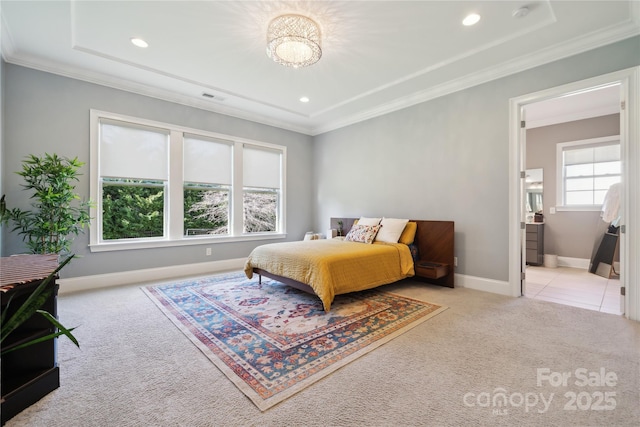 bedroom featuring recessed lighting, visible vents, ornamental molding, light carpet, and baseboards