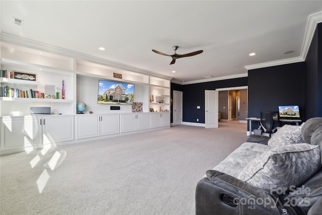 living room featuring light carpet, ornamental molding, built in features, and recessed lighting