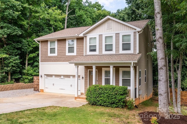 traditional home with a garage, board and batten siding, a shingled roof, and concrete driveway