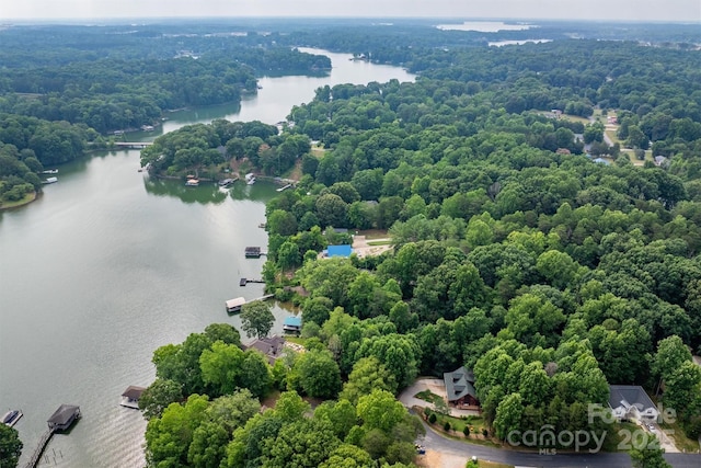 aerial view featuring a water view and a forest view