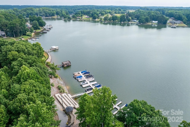 drone / aerial view with a water view and a wooded view