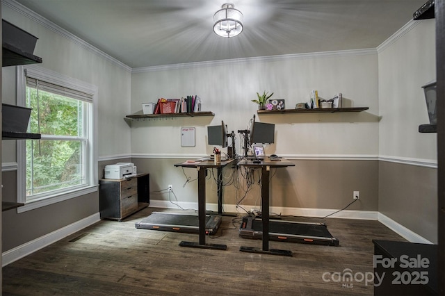 office space with baseboards, wood finished floors, and crown molding