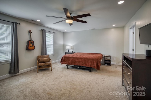 bedroom with recessed lighting, light carpet, a ceiling fan, baseboards, and visible vents