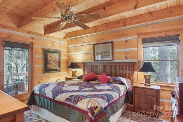 bedroom featuring access to outside, wooden ceiling, beam ceiling, and wooden walls