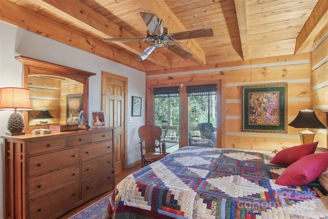 bedroom featuring wooden ceiling, wooden walls, wood finished floors, access to outside, and beamed ceiling