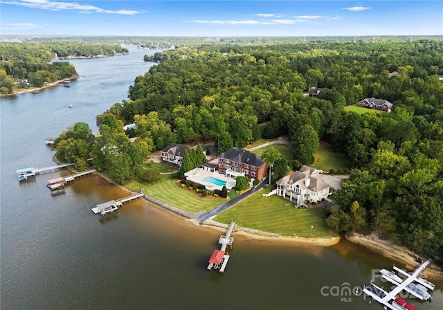 birds eye view of property with a water view and a view of trees