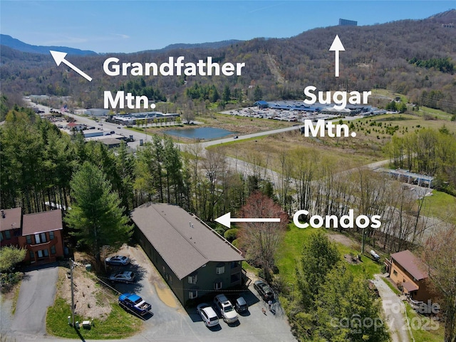 aerial view featuring a mountain view and a wooded view