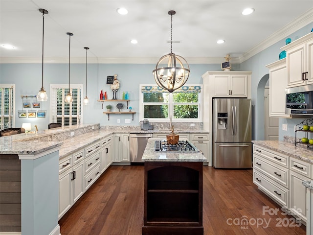 kitchen with arched walkways, crown molding, open shelves, stainless steel appliances, and a peninsula