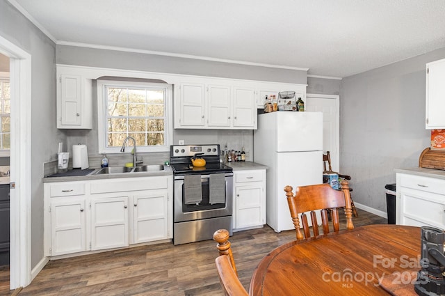 kitchen with freestanding refrigerator, a healthy amount of sunlight, stainless steel electric range oven, and a sink