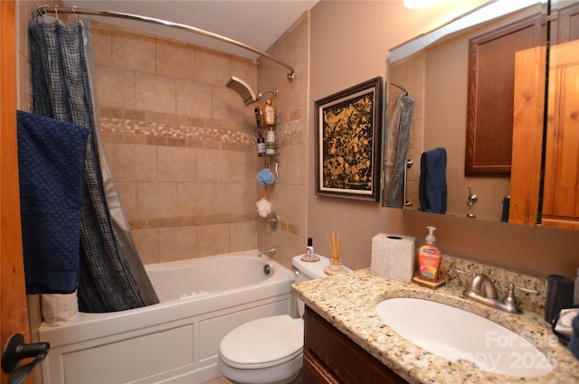 full bathroom featuring toilet, shower / bath combo, and vanity