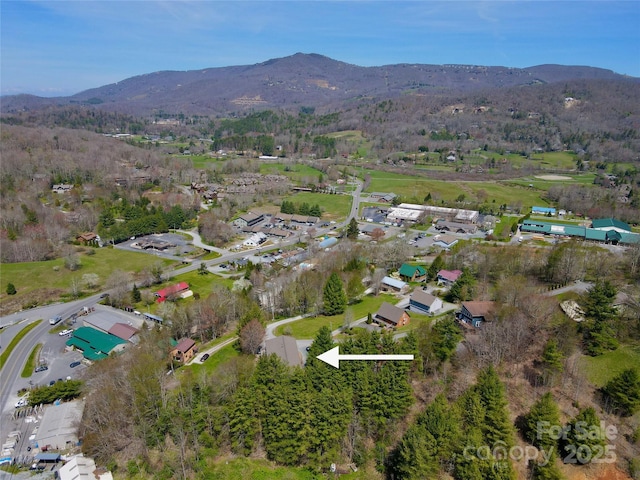 drone / aerial view featuring a mountain view