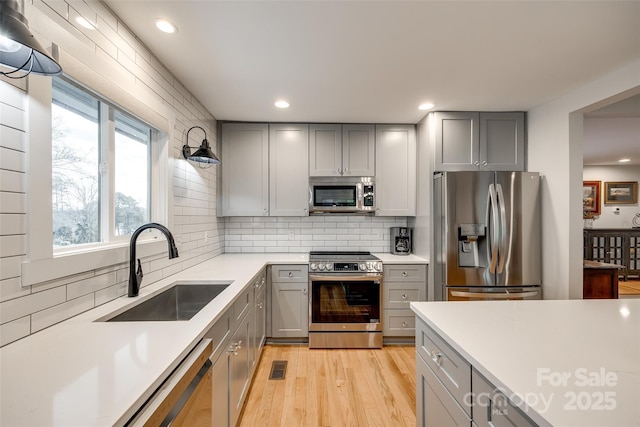 kitchen featuring tasteful backsplash, appliances with stainless steel finishes, light countertops, gray cabinetry, and a sink