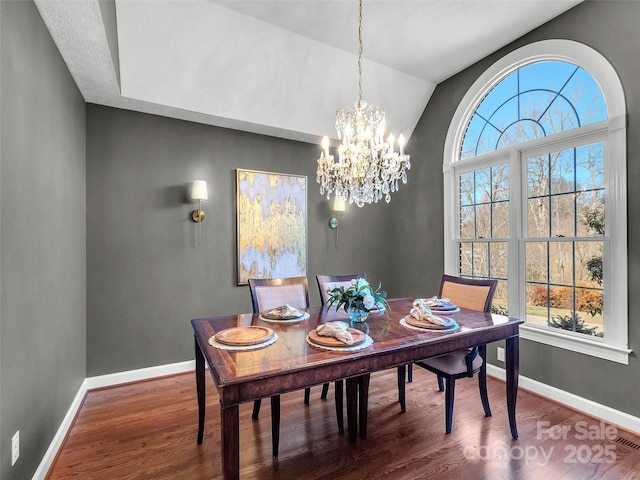 dining room with vaulted ceiling, plenty of natural light, baseboards, and wood finished floors